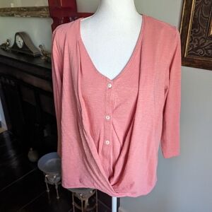 Pure J.Jill M Cotton Cross-Front Faux Wrap Top Button Detail 3/4Sleeve Pink 68